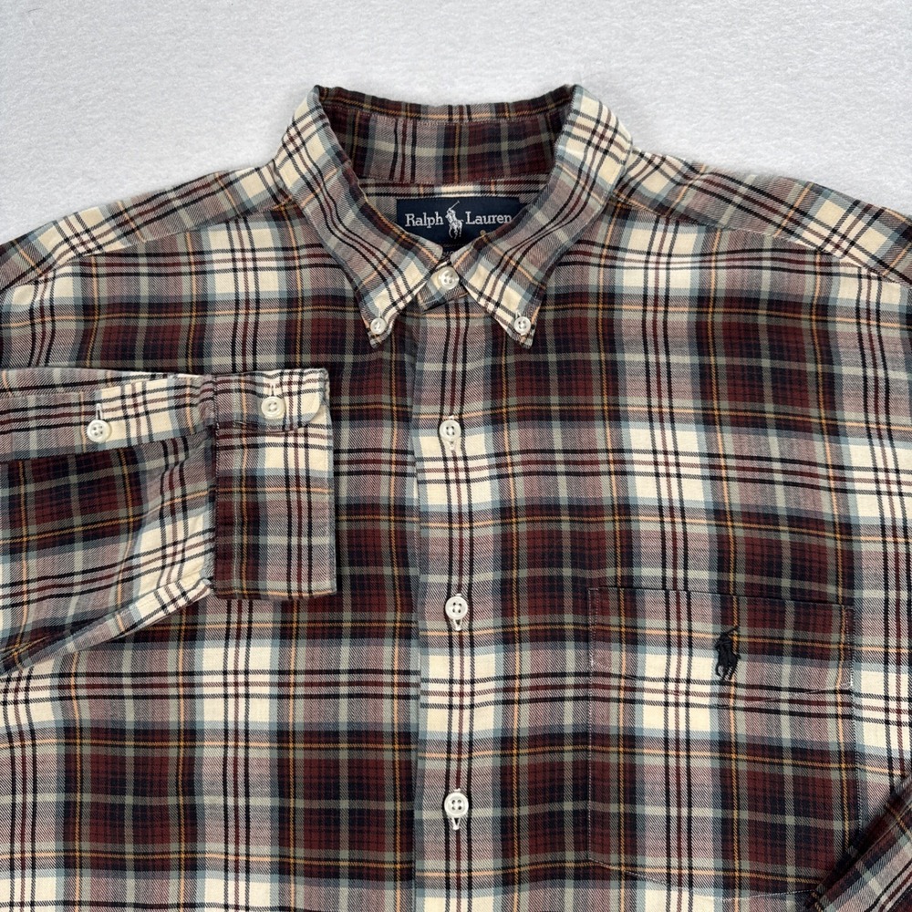 Polo Ralph Lauren McMeel Shirt Mens Large Brown Cream Plaid Brushed Flannel